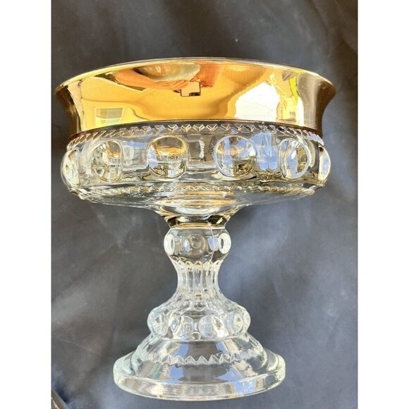 Vintage Indiana Glass Kings Crown Gold Rim Thumbprint Compote Serveware Dish - Picture 12 of 12